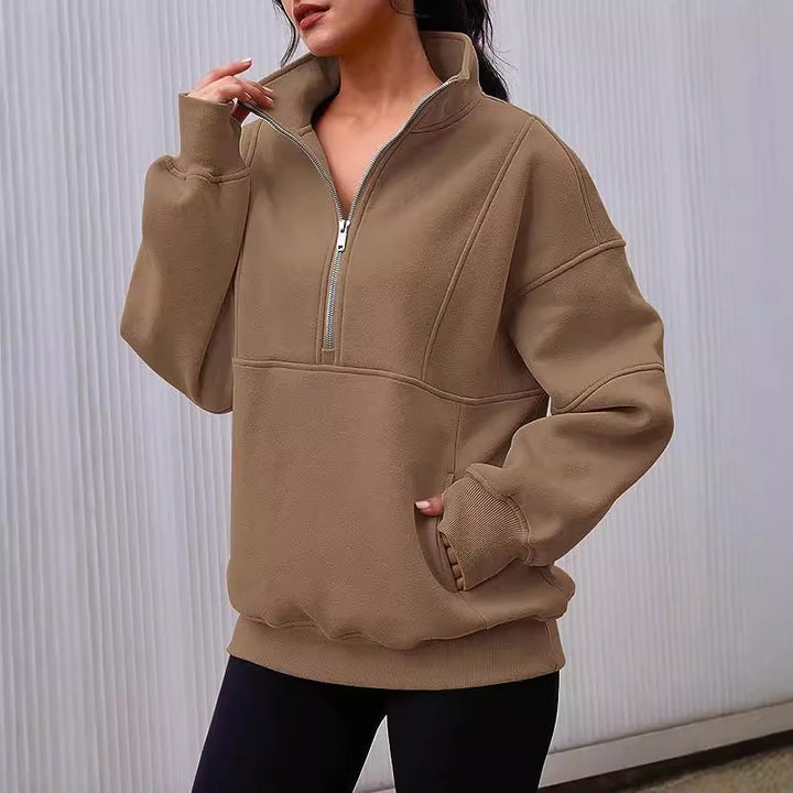 Damen Oversized Sweatshirt mit halbem Reißverschluss, Kängurutasche und Stehkragen Drune
