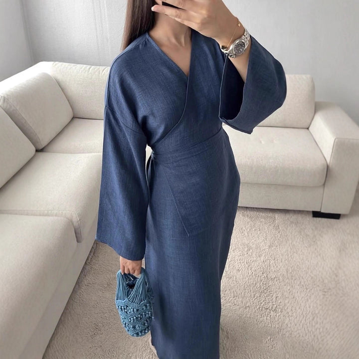 Damen Wickelmaxikleid in Leinenoptik mit Kimonoärmeln und Taillenbund Drune