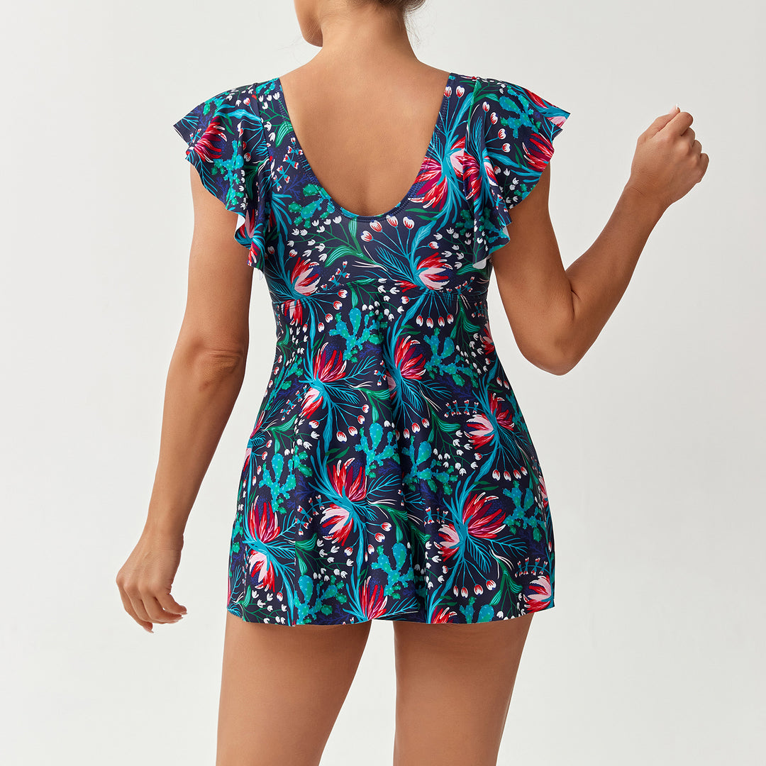 Damen Eleganter Kombination Badeanzug mit Volant und floralem Muster Drune