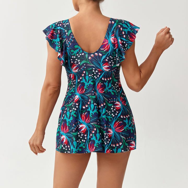 Damen Eleganter Kombination Badeanzug mit Volant und floralem Muster Drune