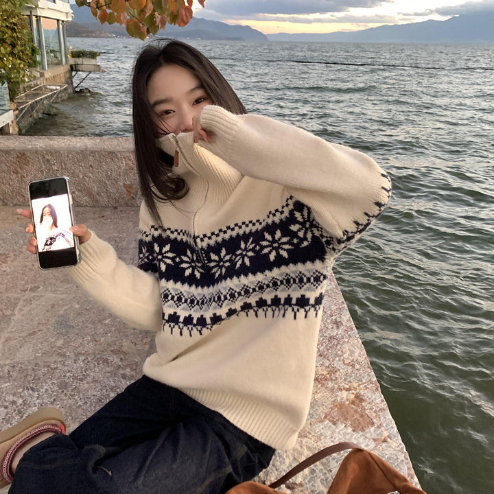 Damen Gemütlicher Strickpullover mit Stehkragen Drune