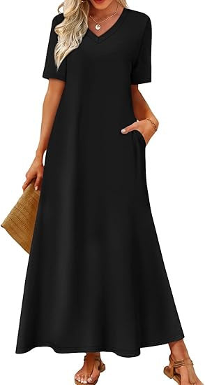 Damen Langes A-Linien-Maxikleid mit V-Ausschnitt, Kurzarm und Eingrifftaschen Drune