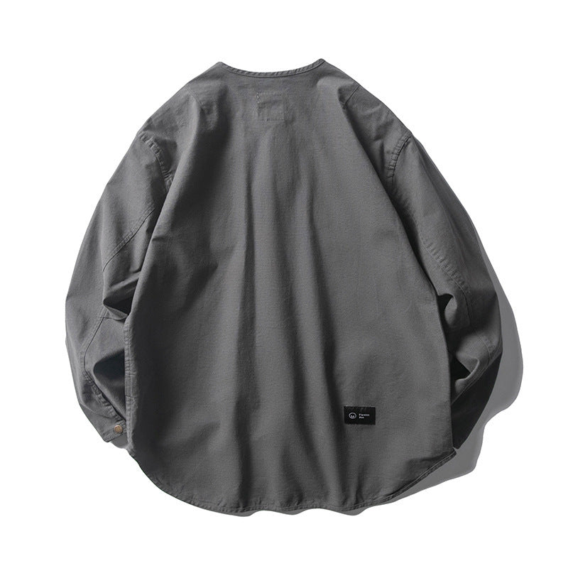 Unisex Kragenlose Overshirt-Jacke mit Druckknopfblende und aufgesetzten Brusttaschen Drune