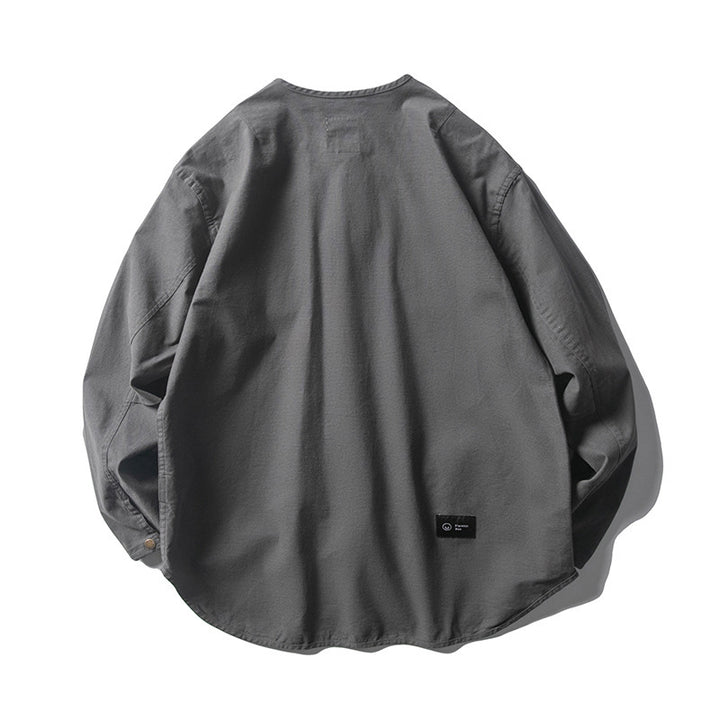 Unisex Kragenlose Overshirt-Jacke mit Druckknopfblende und aufgesetzten Brusttaschen Drune