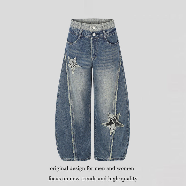 Damen High-Waist Weite Denim-Culotte mit Stern-Applikationen und Fransen-Detail Drune