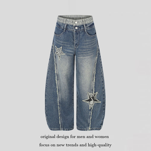 Damen High-Waist Weite Denim-Culotte mit Stern-Applikationen und Fransen-Detail Drune