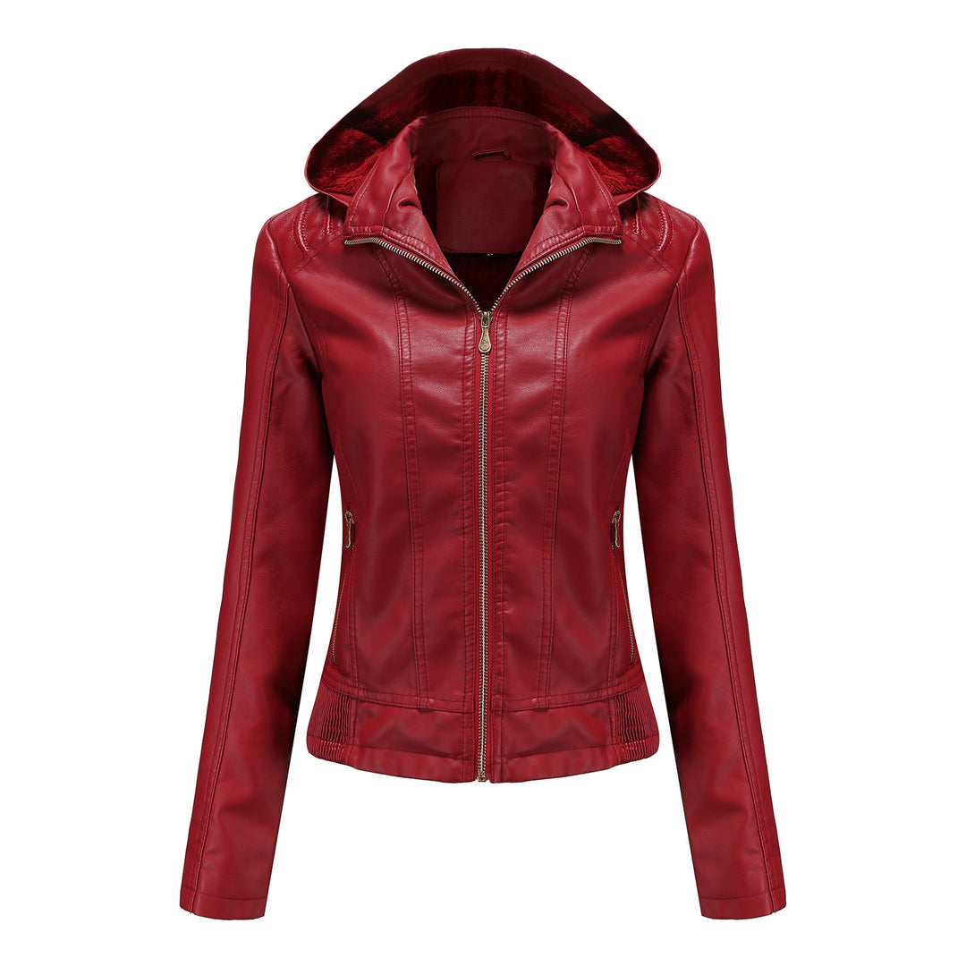 Damen nan taillierte Kunstlederjacke mit Kapuze, wattiertem Innenfutter und verdeckten Reißverschlusstaschen Drune