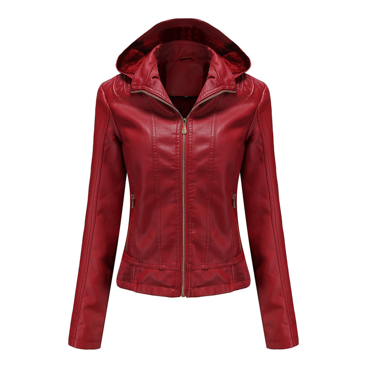 Damen nan taillierte Kunstlederjacke mit Kapuze, wattiertem Innenfutter und verdeckten Reißverschlusstaschen Drune