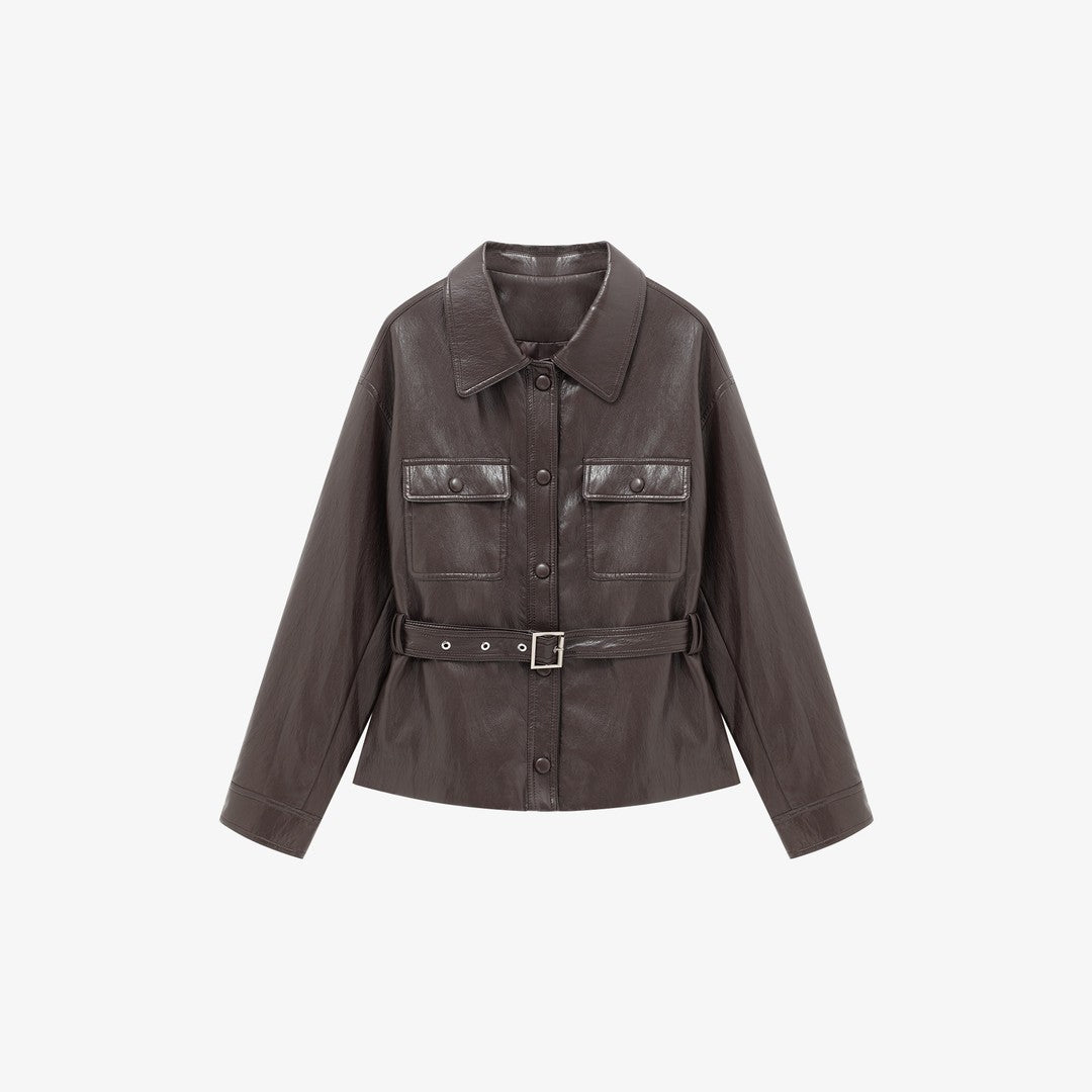 Damen Lederjacke im Oversize-Utility-Stil mit Taillengürtel Drune