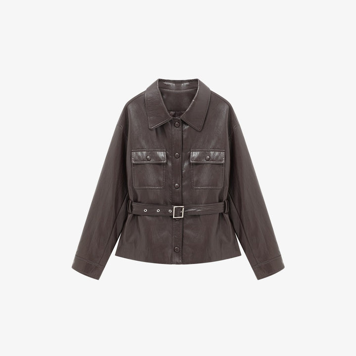 Damen Lederjacke im Oversize-Utility-Stil mit Taillengürtel Drune