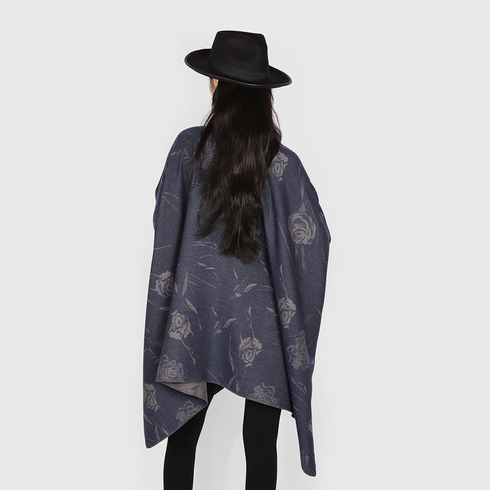 Damen Wendbarer Capeponcho mit Rosen-Jacquard und Bindegürtel Drune