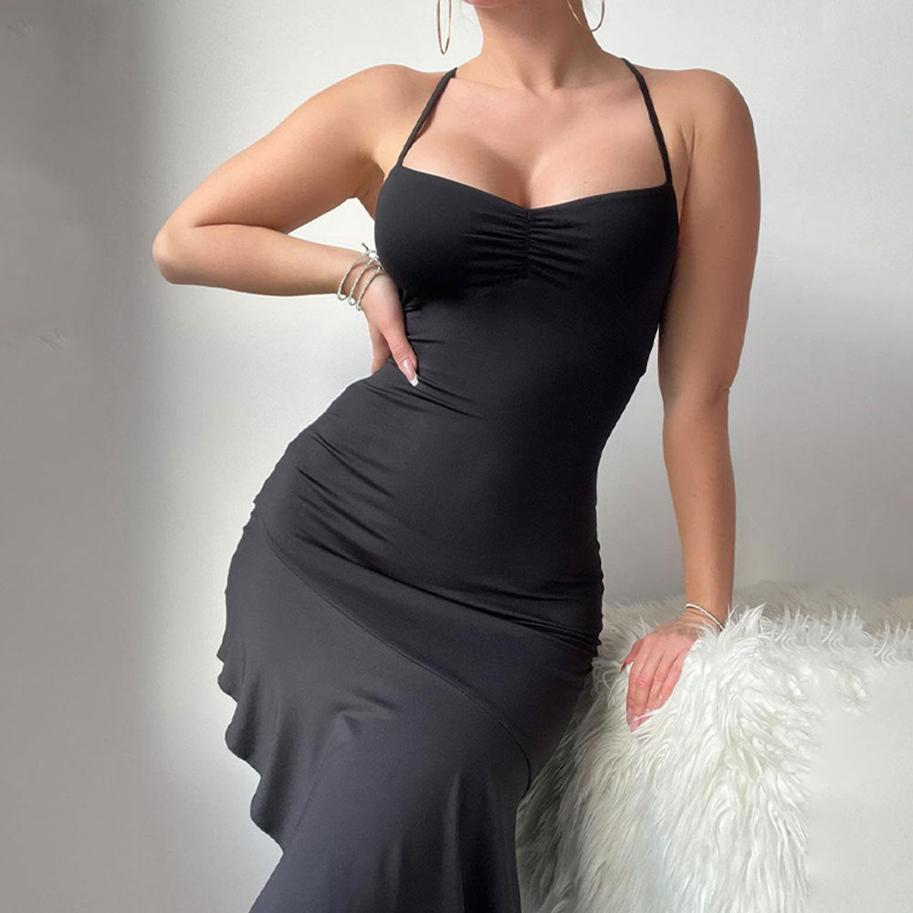 Damen attraktives Langarm-Hautkleid mit trägerlosem Design und fließendem Saum Drune