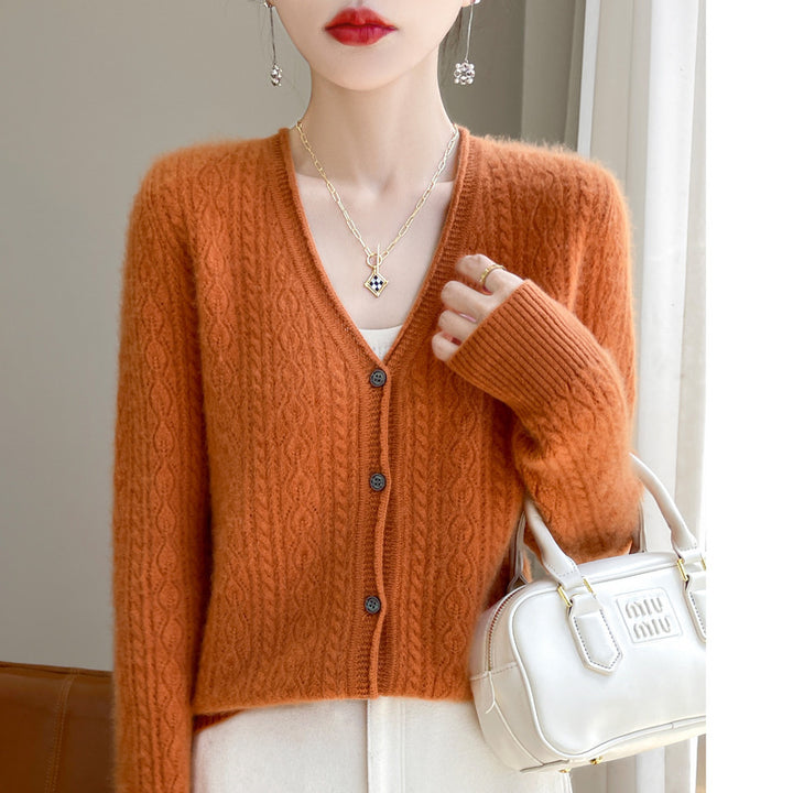 Damen Kurzer Zopfmuster-Cardigan im Mohair-Look mit V‑Ausschnitt und gerippten Bündchen Drune