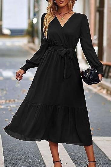Damen Midi-Kleid mit elegantem V-Ausschnitt und Bindegürtel Drune