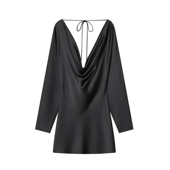 Damen nan satiniertes Minikleid mit tiefem Wasserfallrücken, Kordelbindung und langen Ärmeln Drune