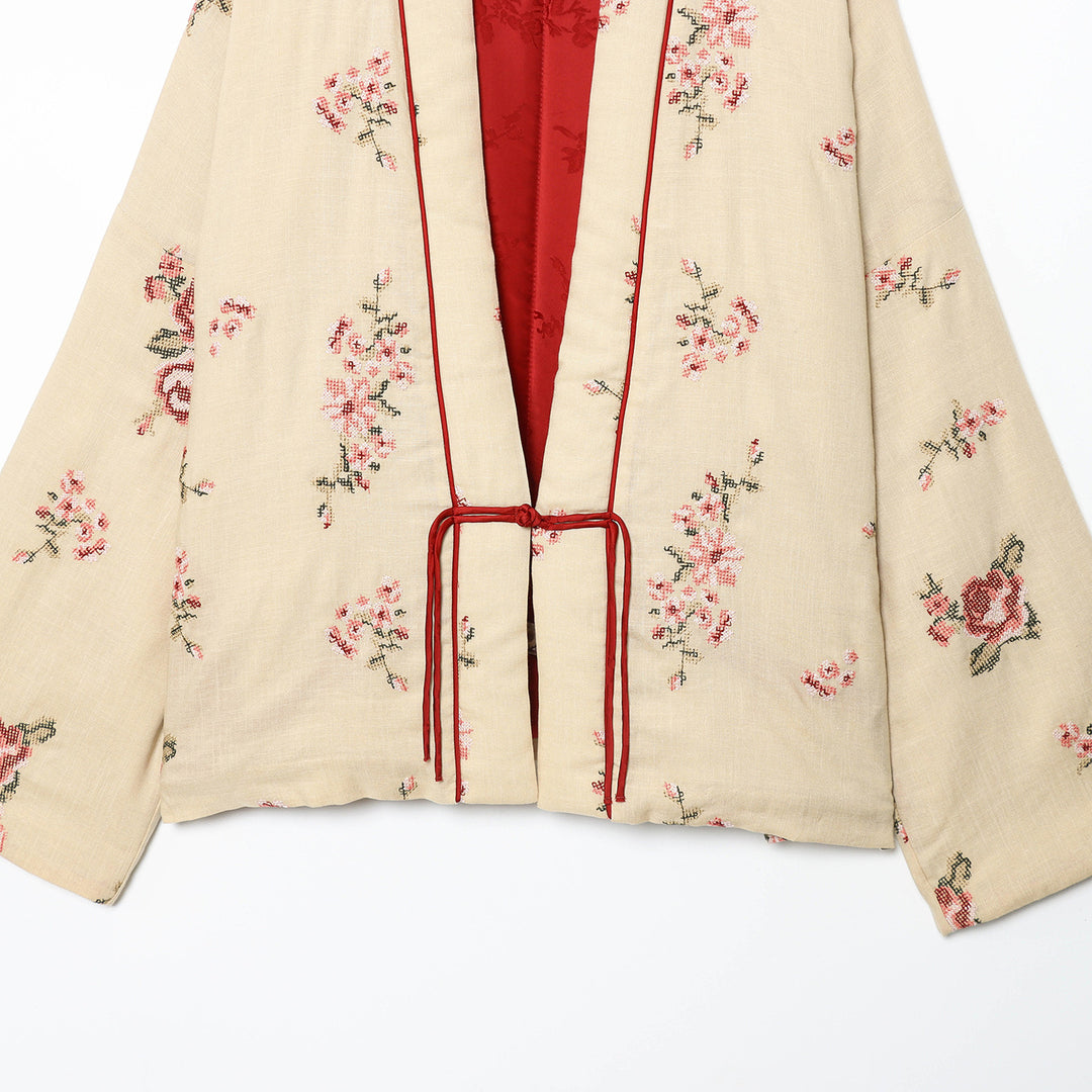 Damen Kimono mit floraler Stickerei und elegantem Taillengürtel Drune