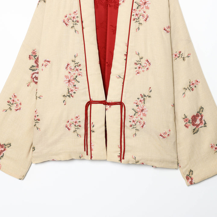 Damen Kimono mit floraler Stickerei und elegantem Taillengürtel Drune