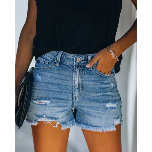 Damen Destroyed Jeansshorts mit hohem Bund und franjierter Saumkante Drune