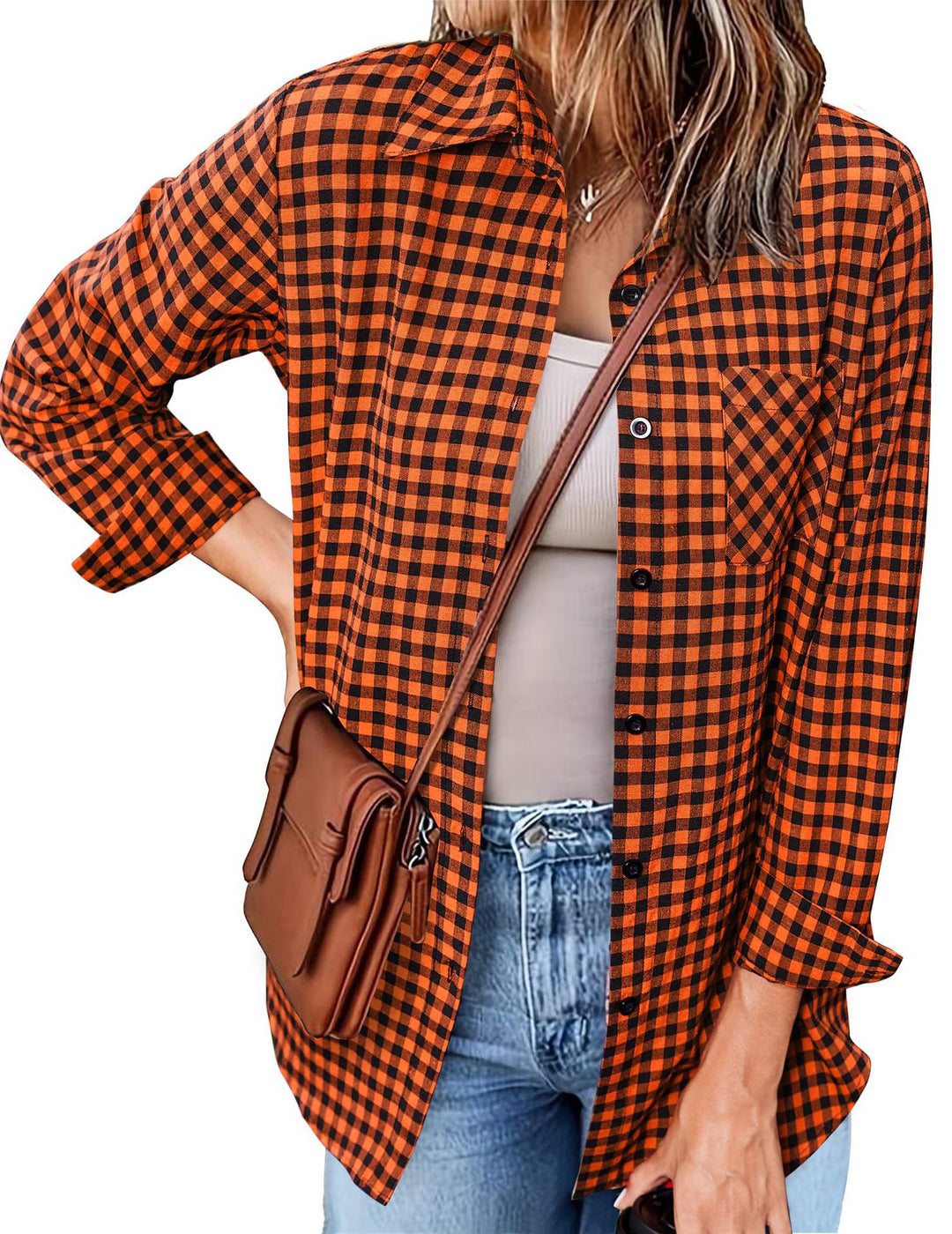 Femme Button-Up Gingham Check Shirt Drune