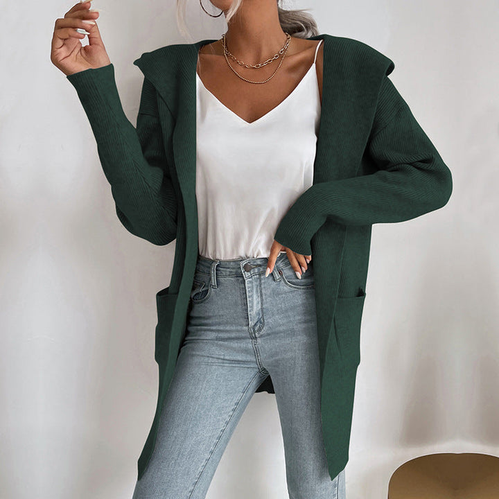 Damen Langärmlige Strickjacke mit Kapuze und seitlichen Taschen Drune