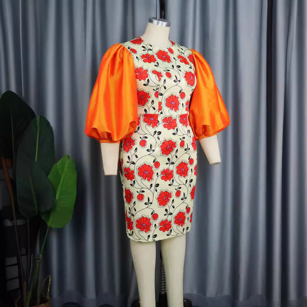Damen figurbetontes Kleid mit voluminösen Puffärmeln und floralem Design Drune