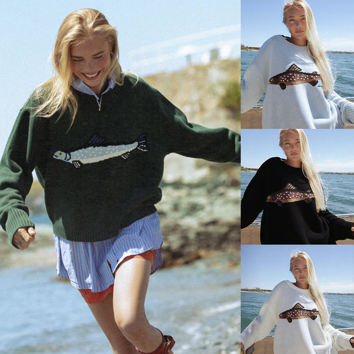 Damen Oversize Strickpullover mit Fisch-Jacquard, Halbkragen und Rippenbündchen Drune