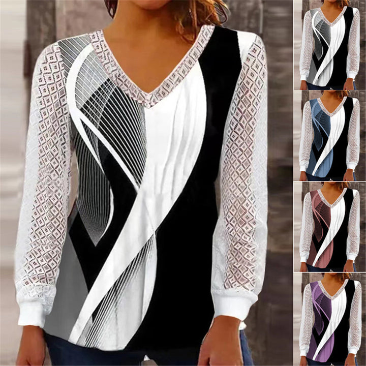 Damen V-Ausschnitt Bluse mit abstraktem Grafikprint und Spitzenärmeln Drune