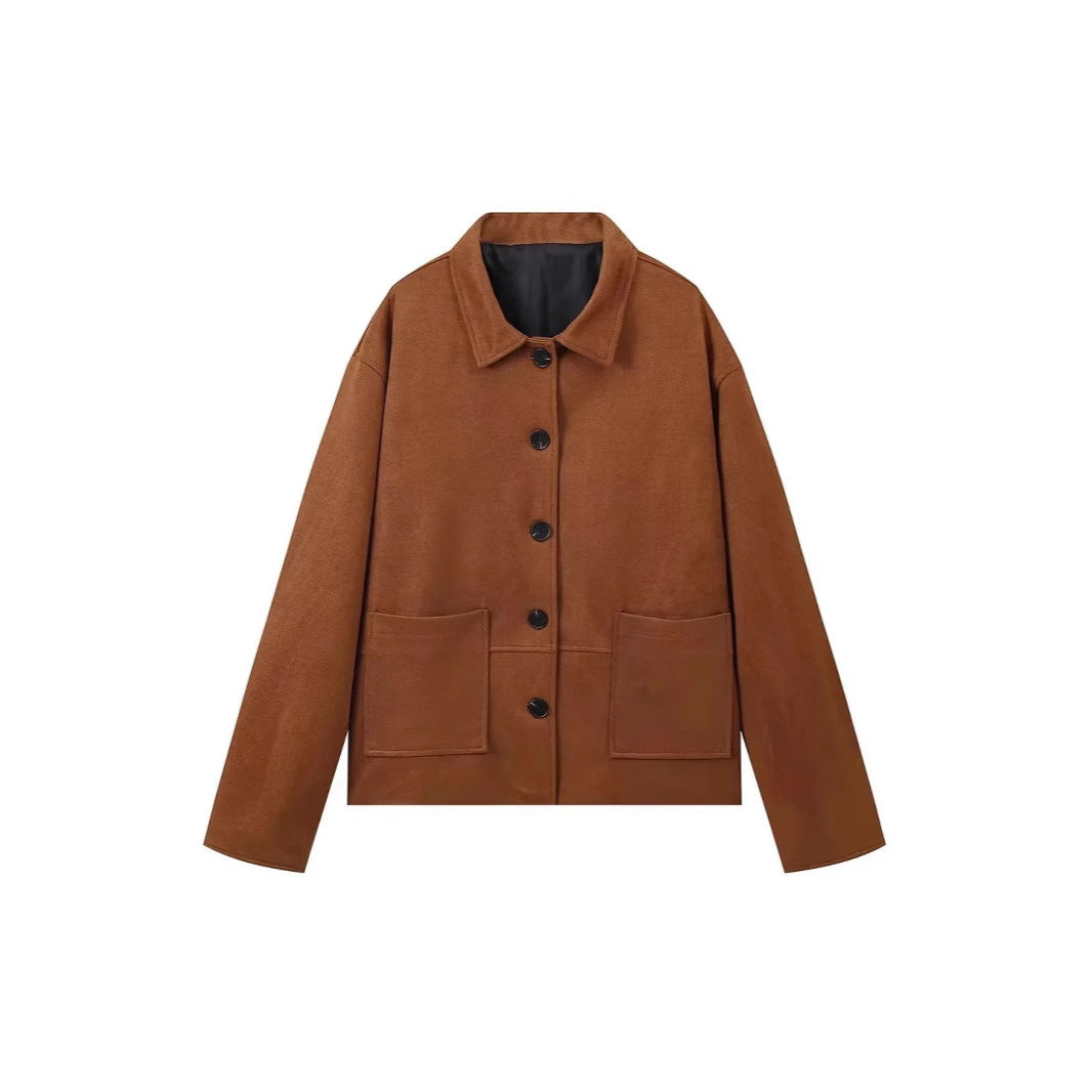 Damen klassische Wildlederjacke im entspannten Schnitt mit knöpfbarem Verschluss Drune