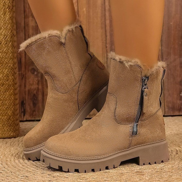 Damen Gefütterte Wildlederoptik Stiefeletten mit Teddyfutter, seitlichem Reißverschluss und profilierter Gummisohle Drune