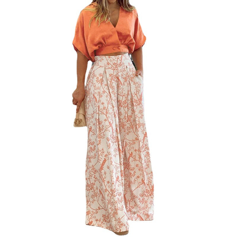 Damen Crop-Top Kombi-Anzug mit weitem Rock und floralem Muster Drune