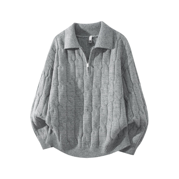 Unisex Oversize Zopfstrickpullover mit Halbreißverschluss und Hemdkragen Drune