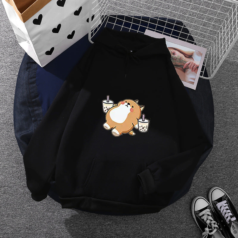 Damen nan niedlicher Kapuzenpullover mit Kängurutasche, oversized Schnitt und Bubble‑Tea Corgi-Print Drune