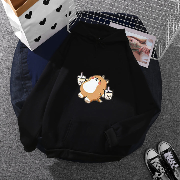 Damen nan niedlicher Kapuzenpullover mit Kängurutasche, oversized Schnitt und Bubble‑Tea Corgi-Print Drune