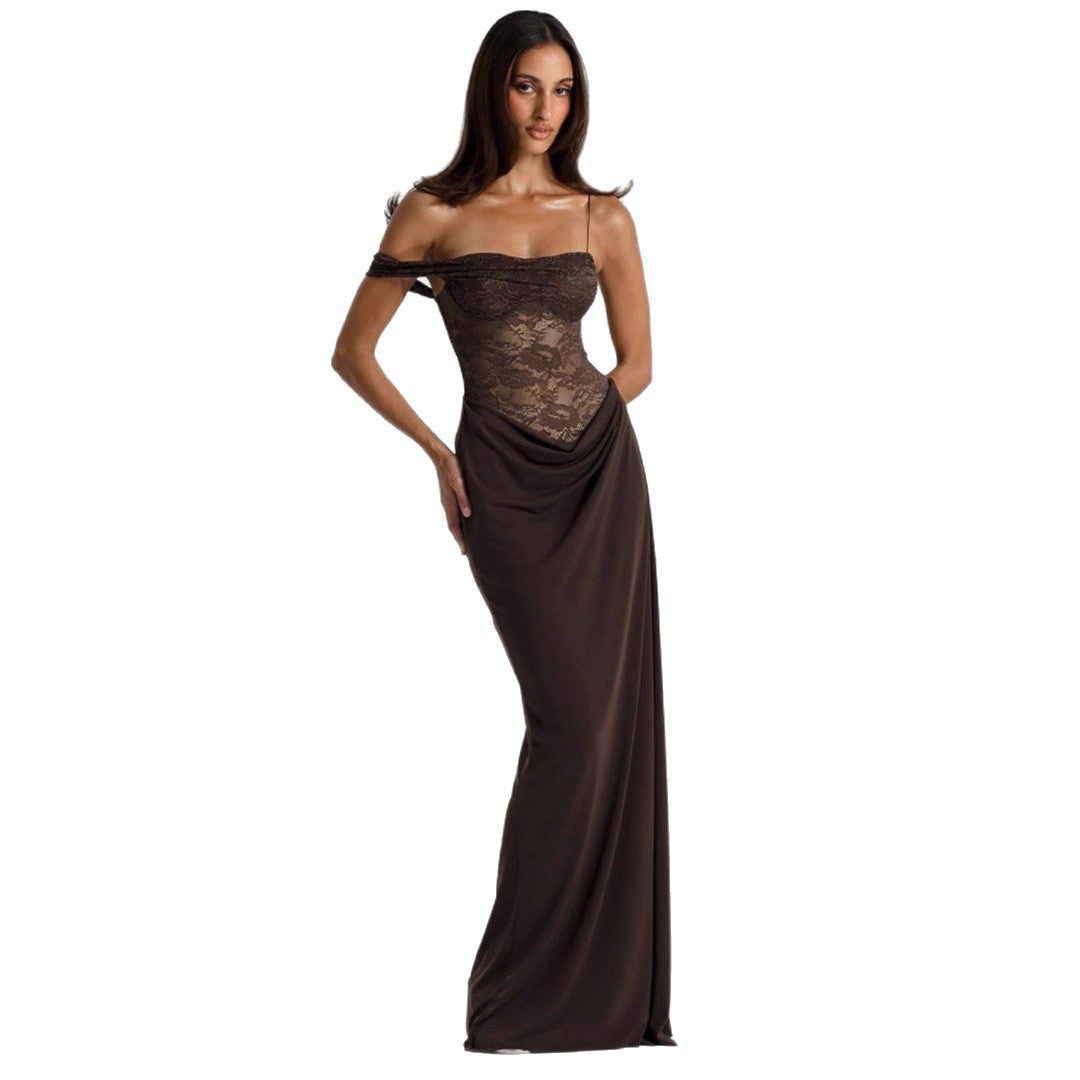 Damen Elegantes Abendkleid mit Spitzenoberteil und fließendem Rockteil Drune