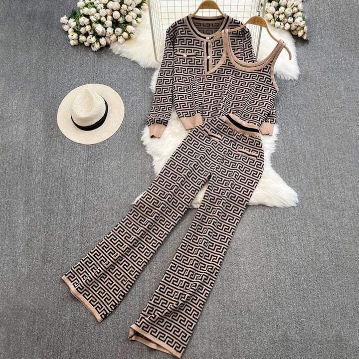 Damen modisches Strick-Loungewear-Set mit geometrischem Muster und Cardigan Drune