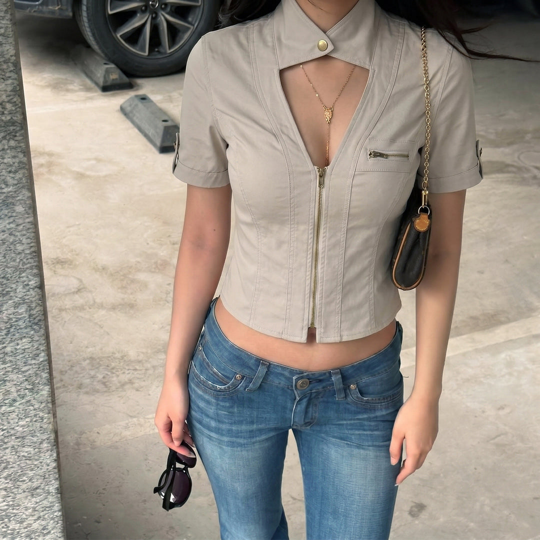 Damen modische Kurzjacke mit strukturiertem Schnitt und praktischen Brusttaschen Drune