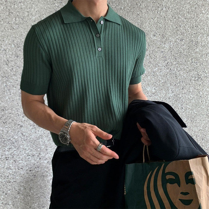 Herren nan schmal geschnittenes geripptes Poloshirt aus Feinstrick mit Kurzarm und Polokragen Drune
