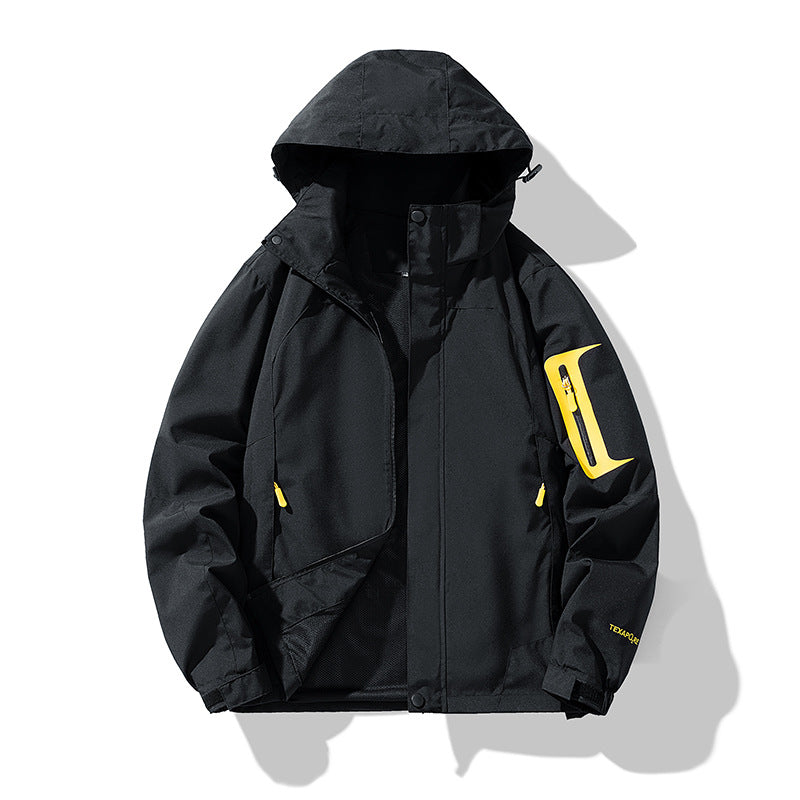 Herren winddichte Softshell-Outdoorjacke mit verstellbarer Kapuze, verschließbarer Ärmeltasche und atmungsaktiver Membran Drune