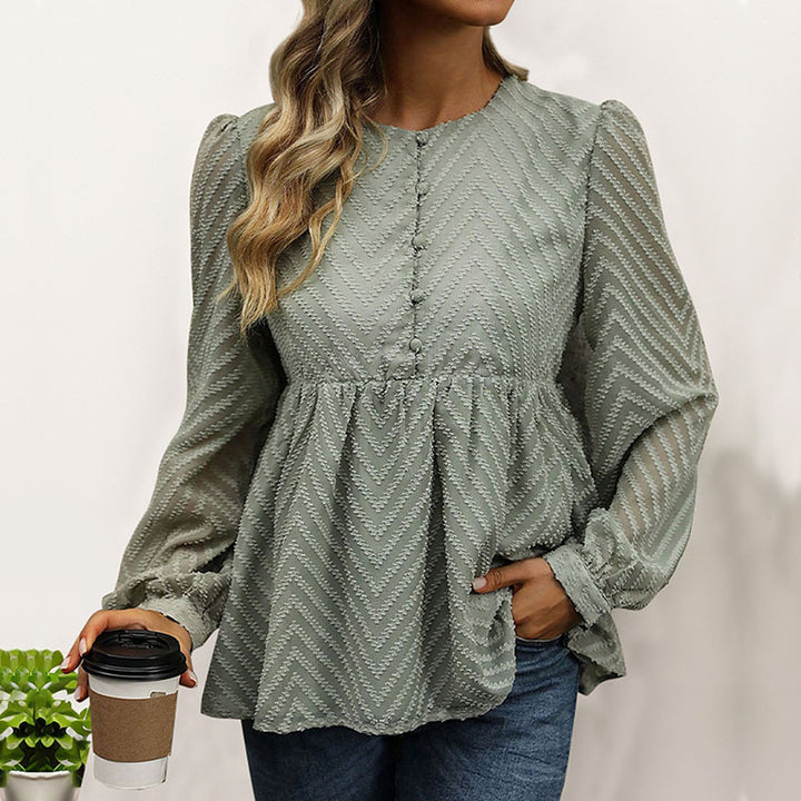 Damen Chiffon-Peplum-Bluse mit Chevron-Struktur, geraffter Empire-Taille & Knopfleiste Drune