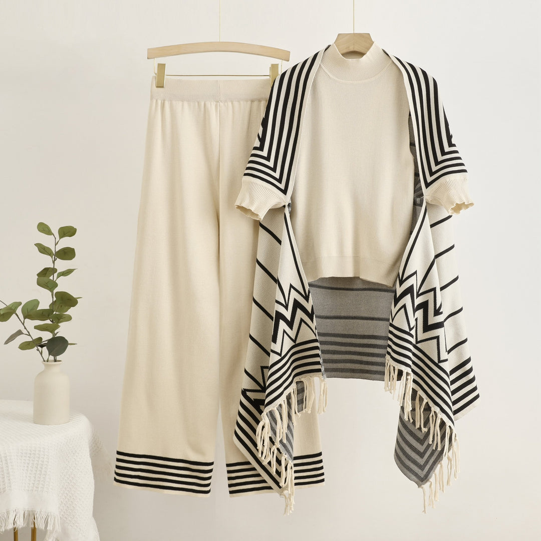 Damen elegantes Strick-Kombinationsset mit hochgeschlossenem Oberteil und weiten Hosen Drune