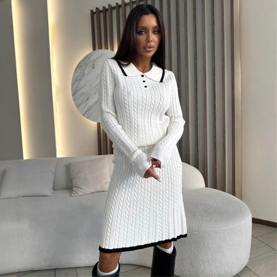 Damen Zweiteiliges Zopfstrick-Kleid mit Taillenbund und Polokragen Drune