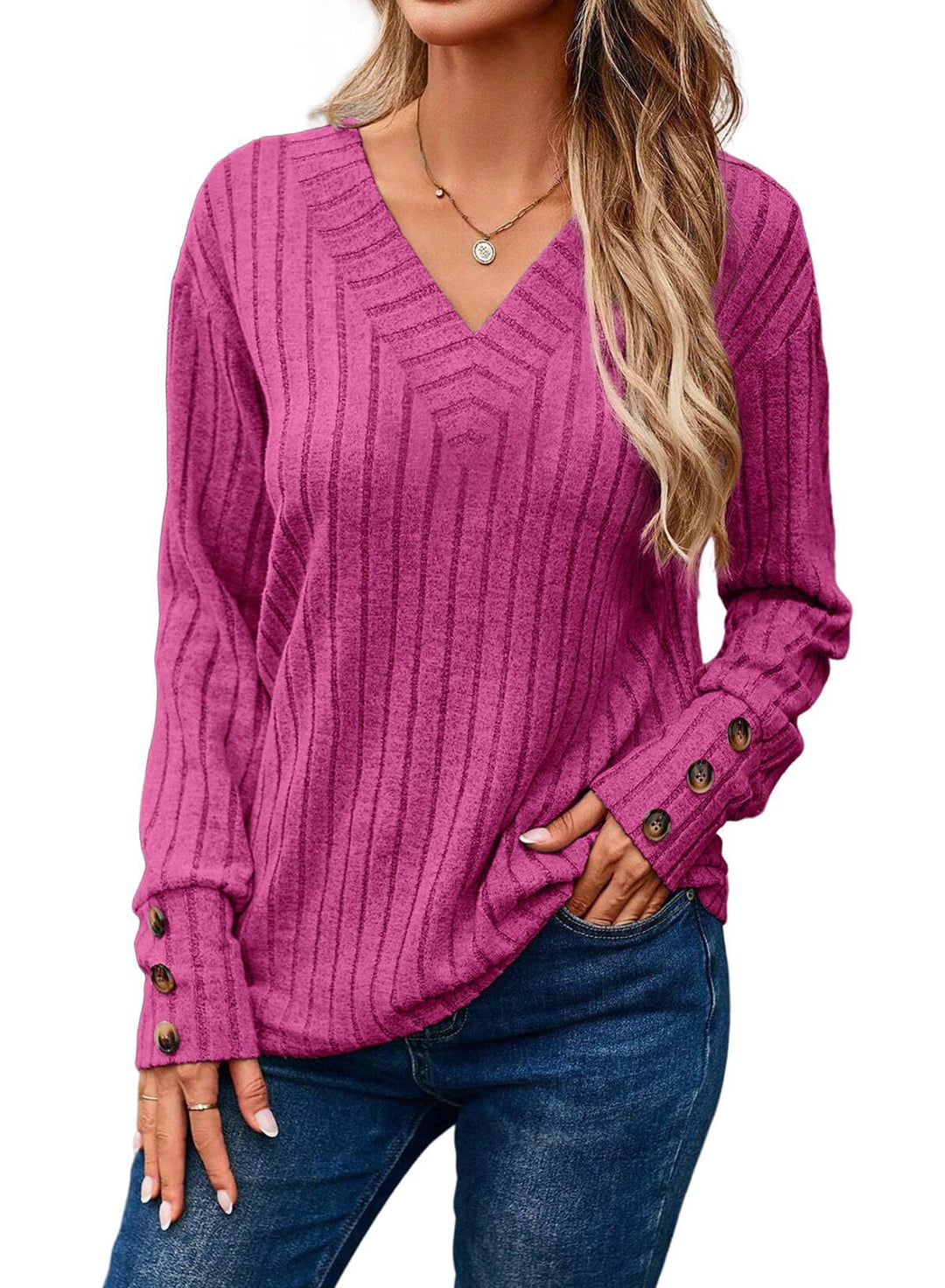 Damen Gerippter V-Ausschnitt Strickpullover mit Knopfmanschetten Drune