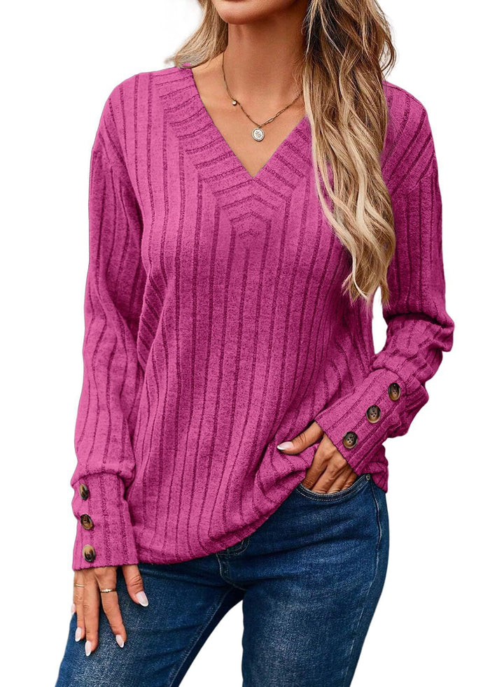 Damen Gerippter V-Ausschnitt Strickpullover mit Knopfmanschetten Drune