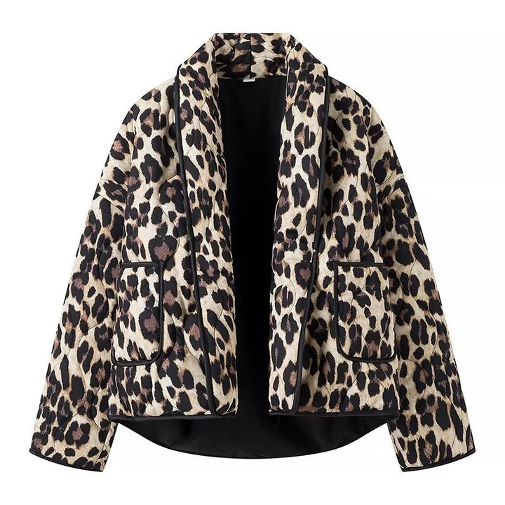 Damen nan cropped Steppjacke mit Leopardenprint, breitem Schalkragen und kontrastpaspel Drune