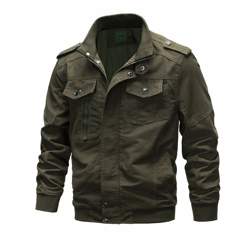 Herren nan leichter Baumwoll-Canvas Fliegerjacke mit Schulterklappen, verdecktem Reißverschluss und multifunktionalen Taschen Drune