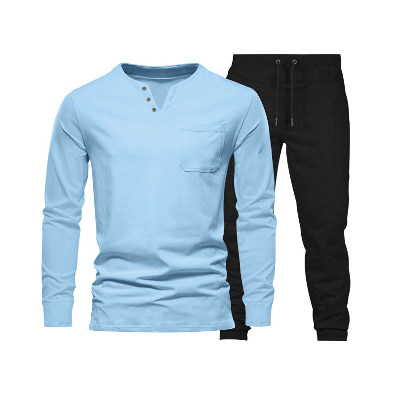 Herren Langarm‑Henley Loungewear‑Set mit Brusttasche und tapered Jogginghose Drune