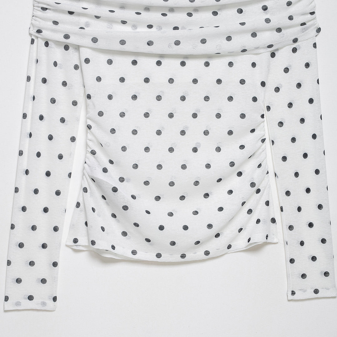 Damen Schulterfreies Langarmshirt mit drapiertem Umschlagkragen und Polka‑Dot-Muster Drune