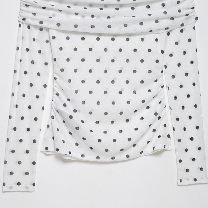 Damen Schulterfreies Langarmshirt mit drapiertem Umschlagkragen und Polka‑Dot-Muster Drune