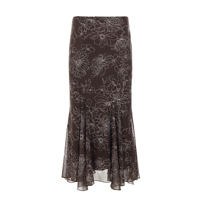 Damen Midirock mit ausgestelltem Volant-Saum und floralem Konturprint Drune