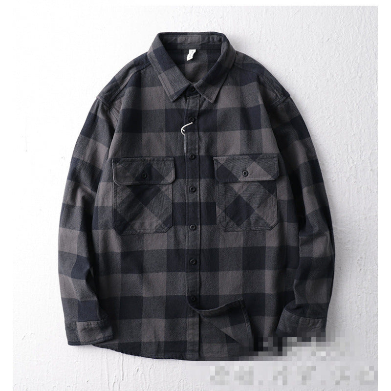 Herren Oversize Kariertes Flanell-Hemdjacke mit aufgesetzten Pattentaschen Drune